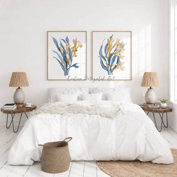 Blue Seaweed Wall Art Set of 2 Coastal Botanical Prints Modern Farmhouse Decor