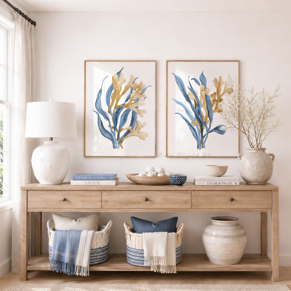 Blue Seaweed Wall Art Set of 2 Coastal Botanical Prints Modern Farmhouse Decor