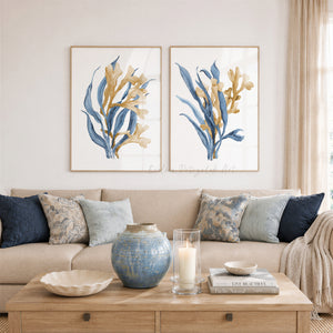 Blue Seaweed Wall Art Set of 2 Coastal Botanical Prints Modern Farmhouse Decor