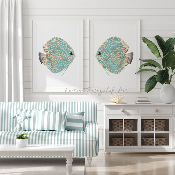 Living room with a striped sofa, decorative fish prints on the wall, and a cabinet with plants.