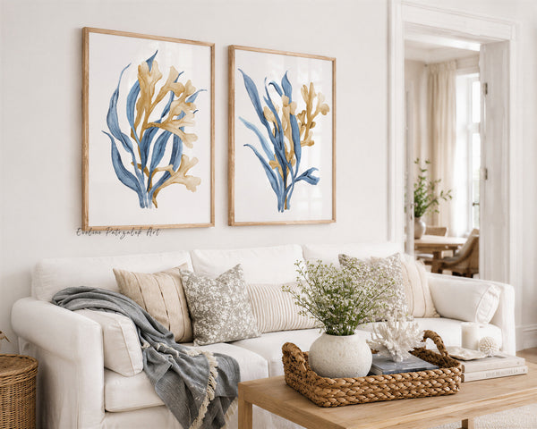 Blue Seaweed Wall Art Set of 2 Coastal Botanical Prints Modern Farmhouse Decor