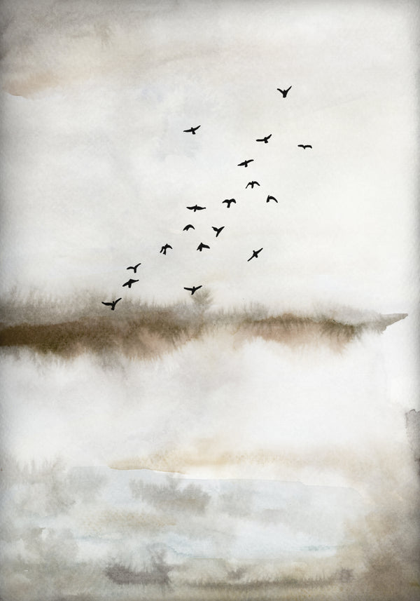 Minimalistische Aquarellkunst mit fliegenden Vögeln, handgemalte Natur-Wanddekoration in neutralen Tönen