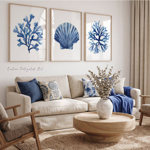 Indigo Coastal Wall Art Set of 3 – Scallop Shell & Coral Watercolor Prints