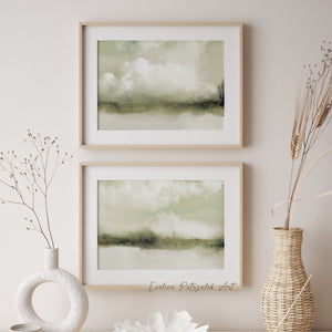 Salbeigrün Aquarell Wandbilder 2er-Set – Japandi Wolken Landschaft Kunst für moderne minimalistische Einrichtung