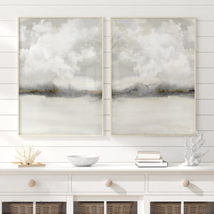 Japandi Wandbilder – Set von 2 Beige und Grau Abstrakte Landschaft mit Wolken