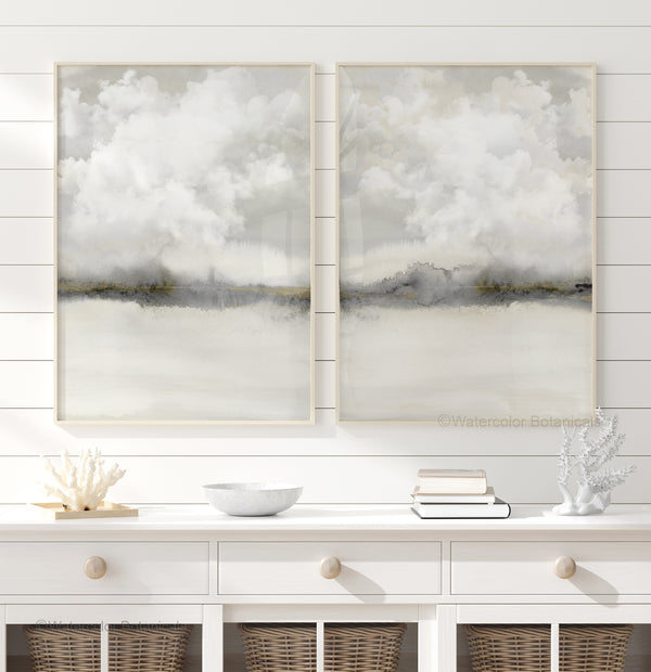 Japandi Wandbilder – Set von 2 Beige und Grau Abstrakte Landschaft mit Wolken