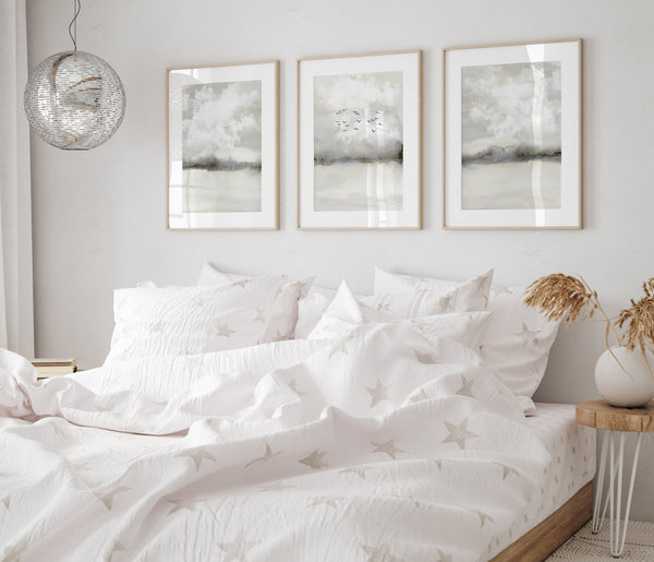 Japandi Wanddeko Set aus 3 – Minimalistische Aquarell Wolken Bilder für modernes Zuhause