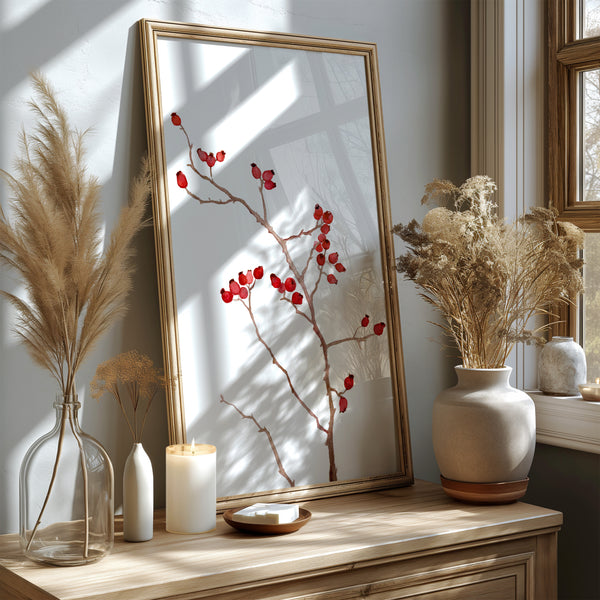 Aquarell Hagebutten Zweig Poster – Botanisches Wandbild – Skandinavische Herbst Dekoration