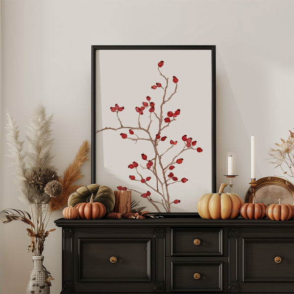 Aquarell Hagebutten Zweig Poster – Botanisches Wandbild – Skandinavische Herbst Dekoration