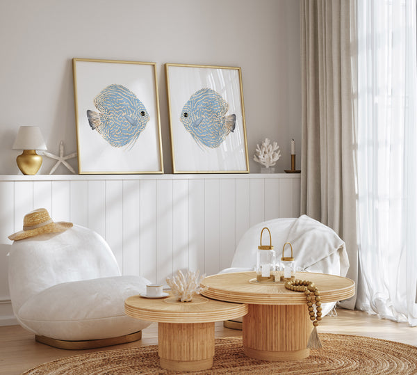 Minimalist coastal walldecor featuring watercolor blue fish