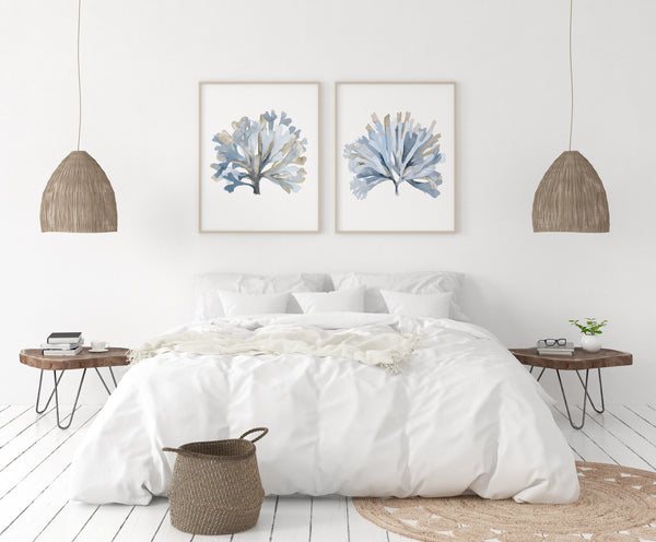 Set of 2 minimalist coastal blue algae wall art for modern interiors