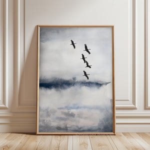 Blue watercolor japandi wall poster with flying cranes