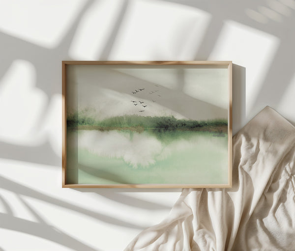 Japandi Grünes Abstrakt - Aquarellkunstwerk – Moderne Minimalistische Wandkunst mit fliegenden Vögeln