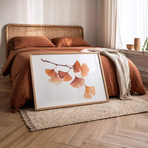 Burnt Sienna Poster – Minimalist Watercolor Hanging Ginkgo Branch