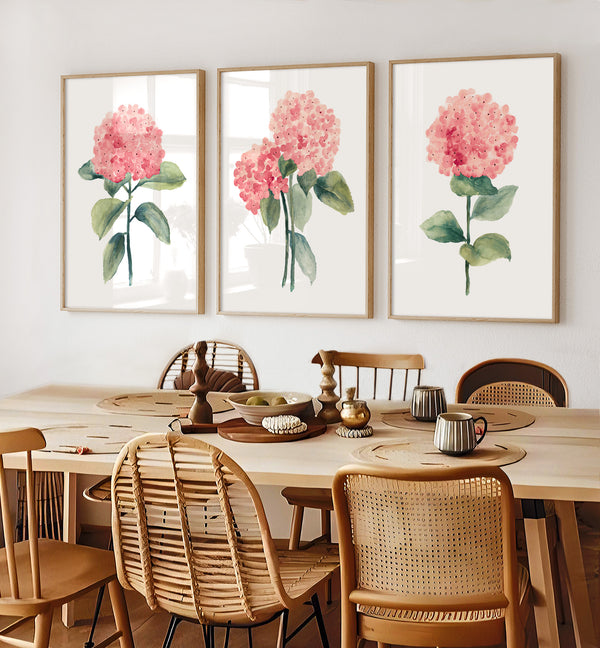 Watercolor hydrangea flower prints, Set of 3 Posters