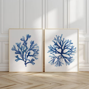 Watercolor blue coral set of 2 posters, minimalist coastal wall art