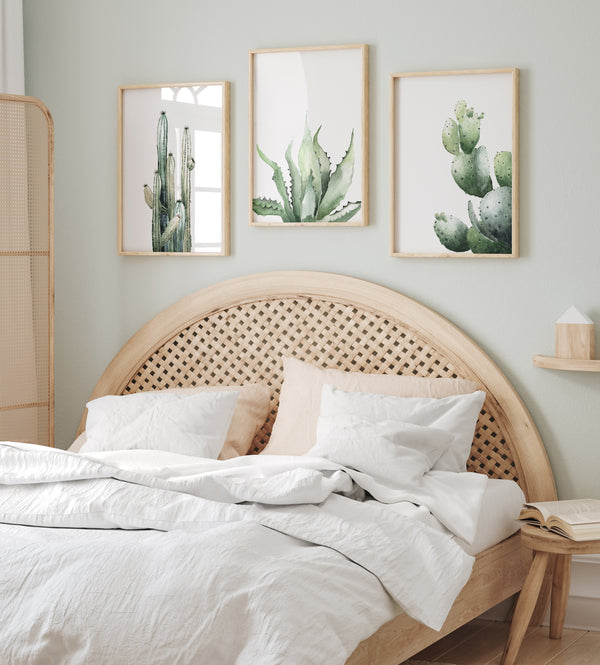 A set of three framed watercolor paintings showcasing a tall cactus, an aloe vera plant, and an opuntia cactus, displayed on a white wall above a bed in a bedroom setting. The paintings are framed in natural wood frames, complementing the warm and inviting ambiance of the room. The bedroom features a woven headboard, soft linens, and natural light, creating a serene and relaxing atmosphere. The cactus artwork adds a touch of the desert to this tranquil bedroom setting.