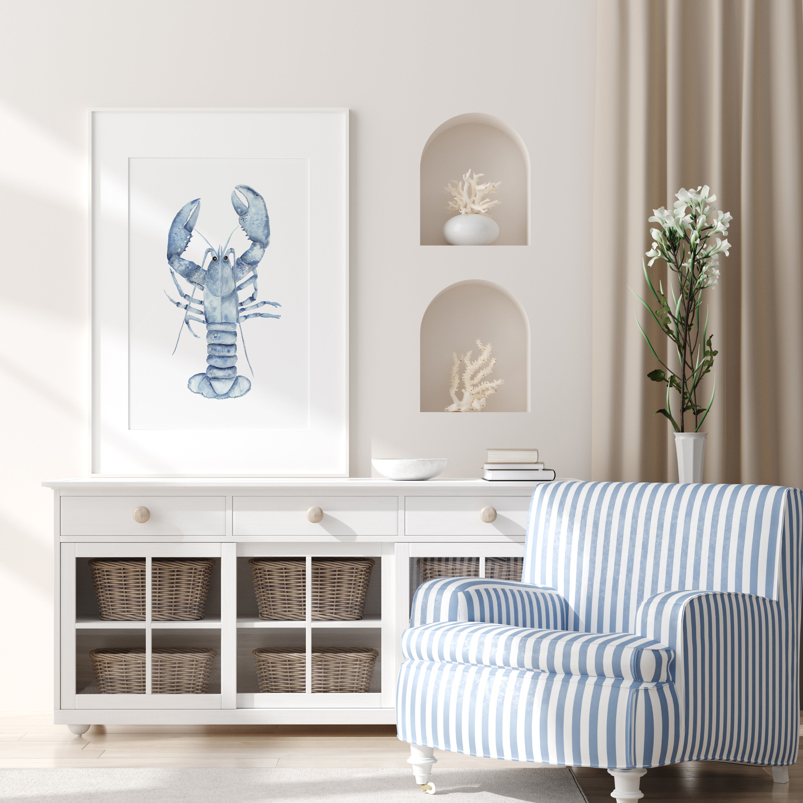Blue Lobster Watercolor Wall Art – Modern Coastal Scandinavian