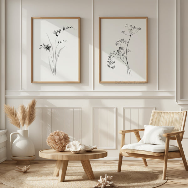 Two framed botanical art prints with black line drawings on white backgrounds, hung on a cream paneled wall above a light wood chair and a round wooden coffee table in a styled interior.