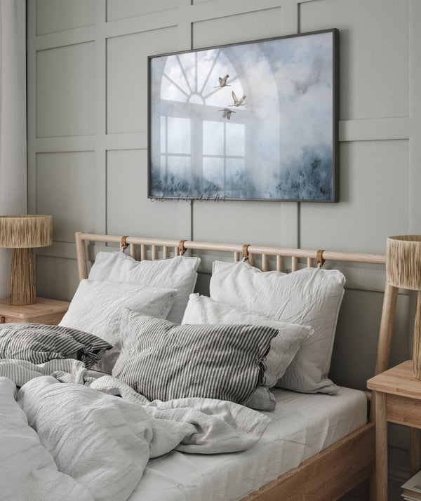 Blaues Landschaftsbild Wandbild – Kraniche Kunstdruck, Japandi Minimalistisch Aquarell Poster