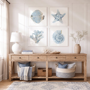 Minimalist Coastal Wall Art Set of 4 – Blue Fish, Starfish, Ammonite Shell & Coral Prints