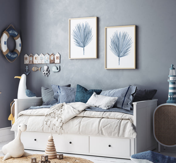 Blaue Aquarell Palmblätter Poster – Minimalistische Botanische Drucke, 2er Set – Skandinavische Boho Wanddeko
