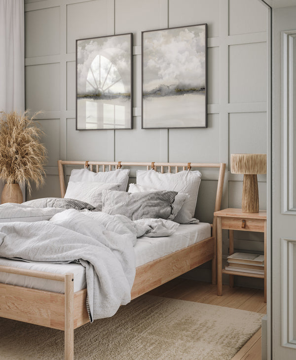 Japandi Wandbilder – Set von 2 Beige und Grau Abstrakte Landschaft mit Wolken