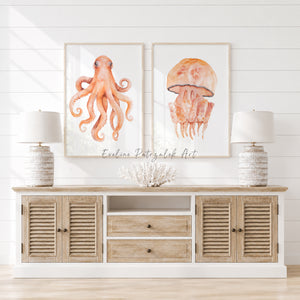Watercolor Orange Coastal Art Octopus and Jellyfish Wall Prints