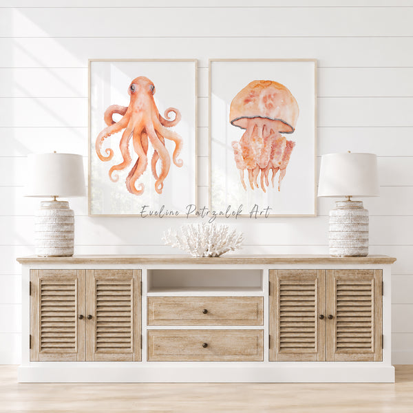 Orange Botanische Korallen Wandbilder Set 3er Maritime Küstenkunst