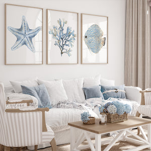 Light Blue Coastal Watercolor Wall Art Set – Fish, Coral & Starfish Prints