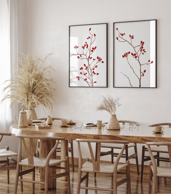 Rosehip Aquarell Kunstdrucke – Zweier-Set Rote Beeren Zweige, Botanische Wandkunst für modernes Zuhause