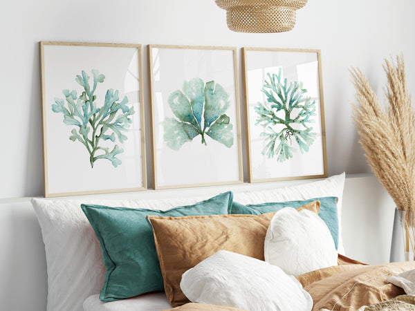 Watercolor Coastal Seaweed Wall Art Set – Green Ocean Botanical Collection