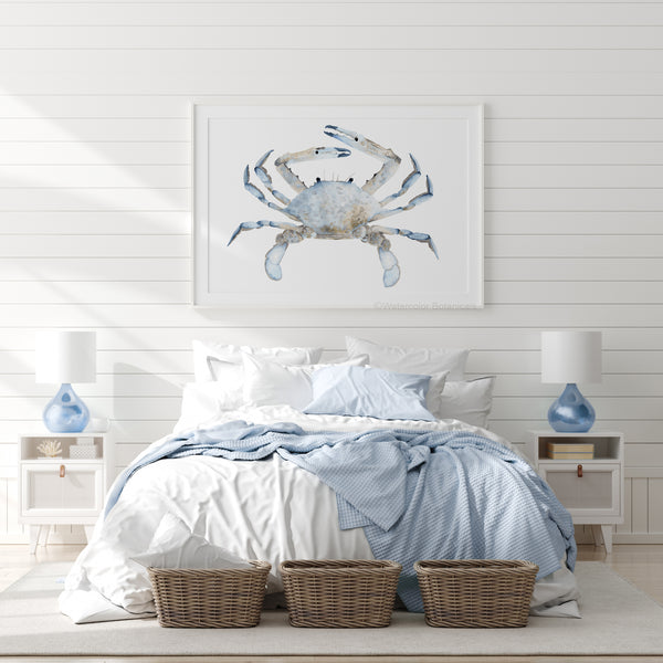 Blauer Krabben Aquarell Kunstdruck – Modernes Coastal Wandbild für Strandhäuser