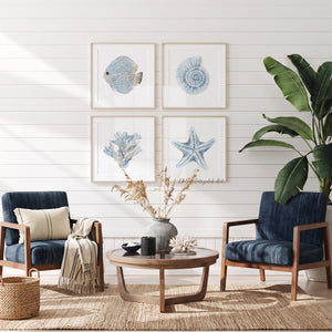 Minimalist Coastal Wall Art Set of 4 – Blue Fish, Starfish, Ammonite Shell & Coral Prints