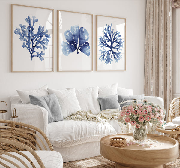 Minimalistisches Set aus 3 marineblauen Korallen- und Algendrucken