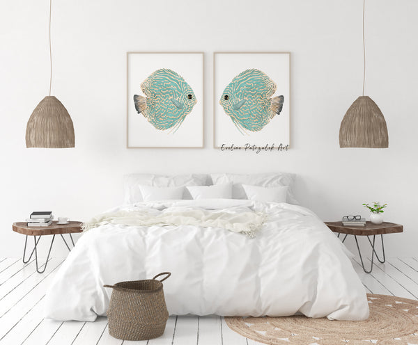 Fisch Wandbild Set 2er Aquarell Küstenkunst Teal Maritime Wanddekoration
