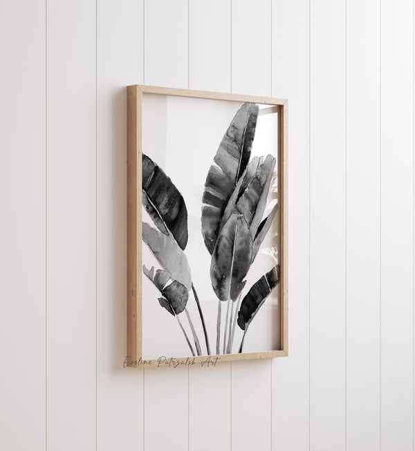 Large Black and White Botanical Wall Art Set – Minimalist Tropical Leaves Prints for Modern Living Room