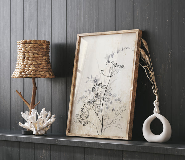 A framed botanical element featuring delicate flowers and foliage in shades of gray and white hangs on a dark wall. A woven lampshade, a coral sculpture, and a vase with dried flowers add natural elements to the scene.