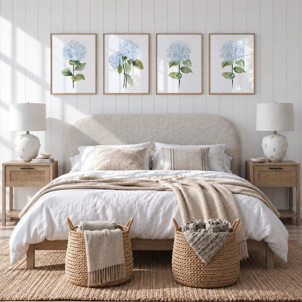 Set aus 4 Aquarell Hortensien Postern – Blaue Blumen Bilder – Botanische Wanddeko für modernes Wohnzimmer oder Schlafzimmer