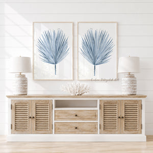 Blaue Aquarell Palmblätter Poster – Minimalistische Botanische Drucke, 2er Set – Skandinavische Boho Wanddeko