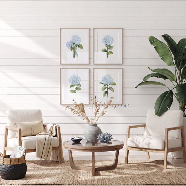 A set of four watercolor hydrangea prints featuring soft blue flower clusters, delicate green leaves, and individual botanical compositions on clean white backgrounds. From fuller hydrangea clusters to simple single stems, the four prints create natural variation when displayed together. The generous white space keeps the artwork light and 