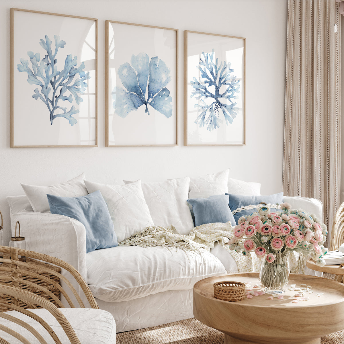 Light Blue Coral Wall Art Set of 3 – Coastal Watercolor Prints, Minima ...