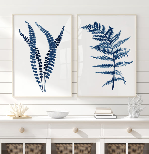 Blue Botanical Prints – Set of 2 Navy Fern Wall Art, Minimalist Nature Prints, Coastal Farmhouse Decor, Modern Botanical Wall Art