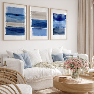 Blue Geometric Watercolor Wall Art Set of 3 – Modern Abstract Stripe Prints