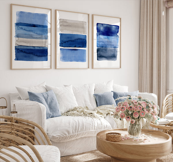 Blue Geometric Watercolor Wall Art Set of 3 – Modern Abstract Stripe Prints