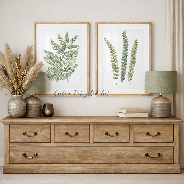 Minimalist Sage Green Botanical Wall Art – Fern Leaves Print Set of 2