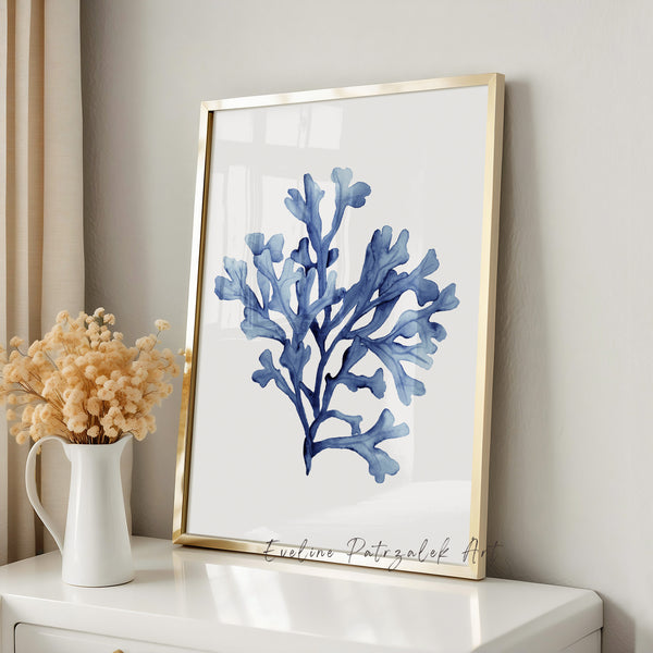 Blue Coastal Wall Art Set of 3 – Coral and Seashell Prints, Ocean Beach House Decor