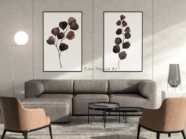 Minimalist brown eucalyptus wall art above a grey sofa in a modern living room
