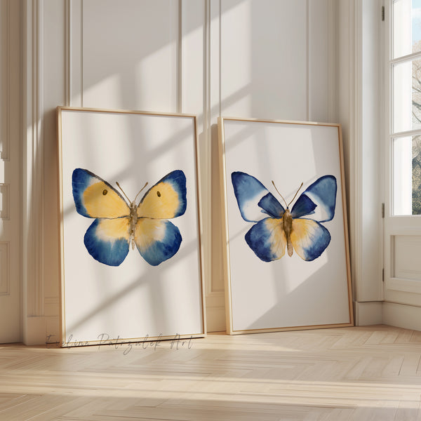 Coastal Blue Butterflies Watercolor Wall Art Set of 2 Prints
