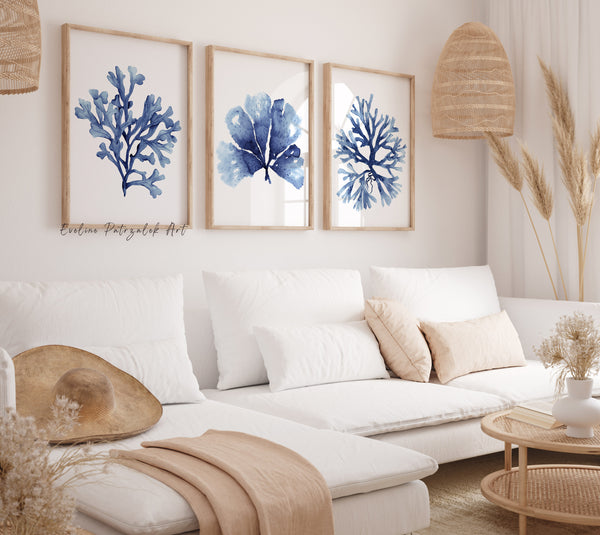 Hamptons-style navy coral wall posters, Set of 3